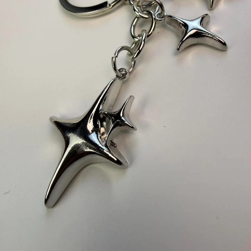 Mini Star Charm Keychain Silver Tone Metal Triple Star Dangle Key Ring New